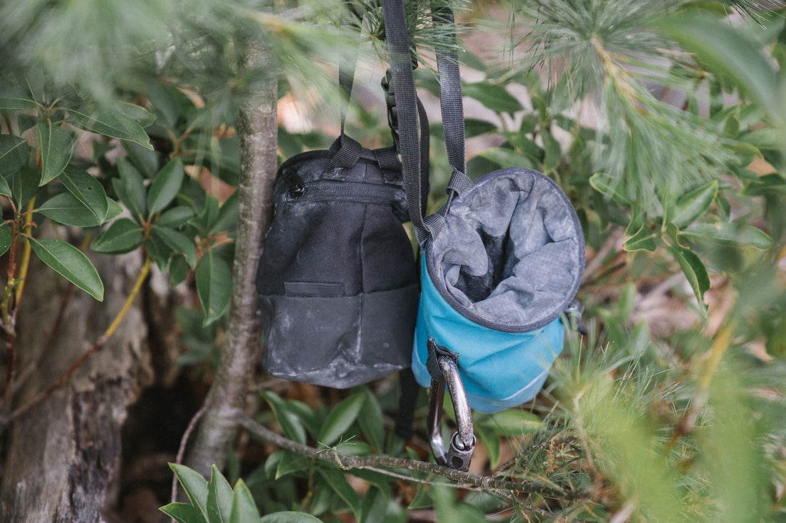 Two chalk bags hanging from a branch at the base of a boulder