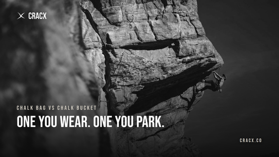 A roped climber high on outdoor rock — the situation a waist chalk bag is built for