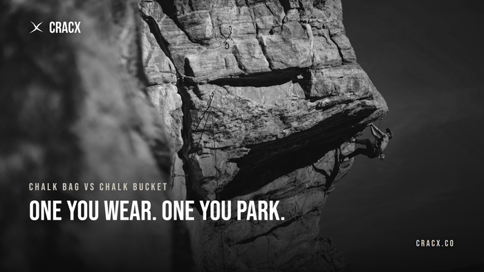 A roped climber high on outdoor rock — the situation a waist chalk bag is built for
