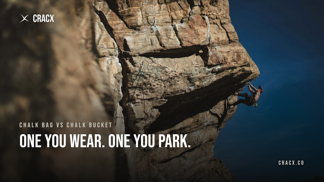 A roped climber high on outdoor rock — the situation a waist chalk bag is built for