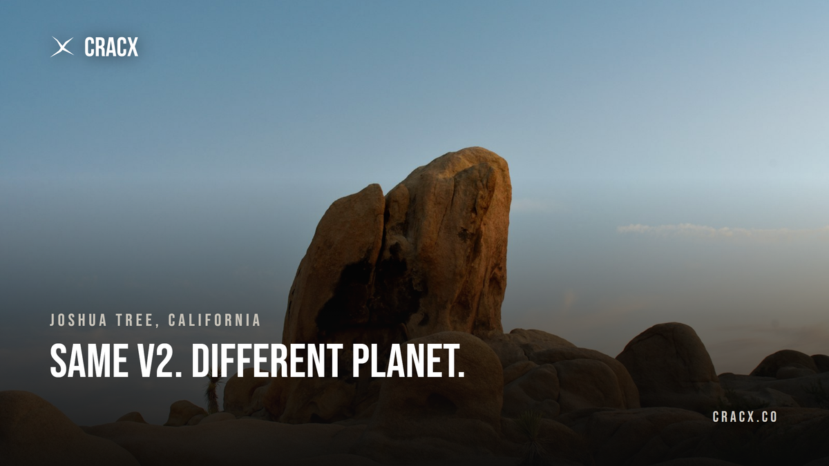 A tall split boulder of golden quartz monzonite rising above rounded desert boulders and young yucca at dusk in Joshua Tree National Park