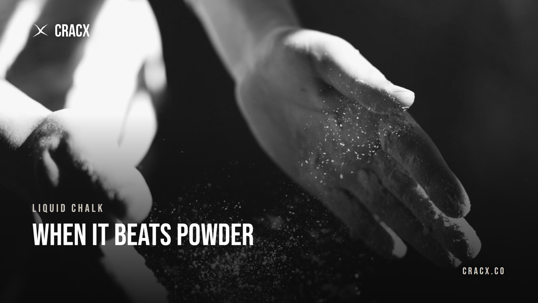 Chalk dust falling from a climber's hands after chalking up — the dust liquid chalk avoids
