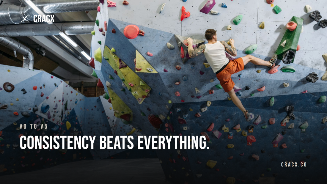 A boulderer high on a steep gym wall covered in holds and volumes