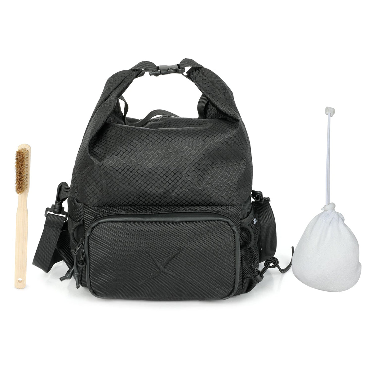 CRACX Ascend chalk bucket shown with the bamboo climbing brush and refillable chalk ball that ship inside it