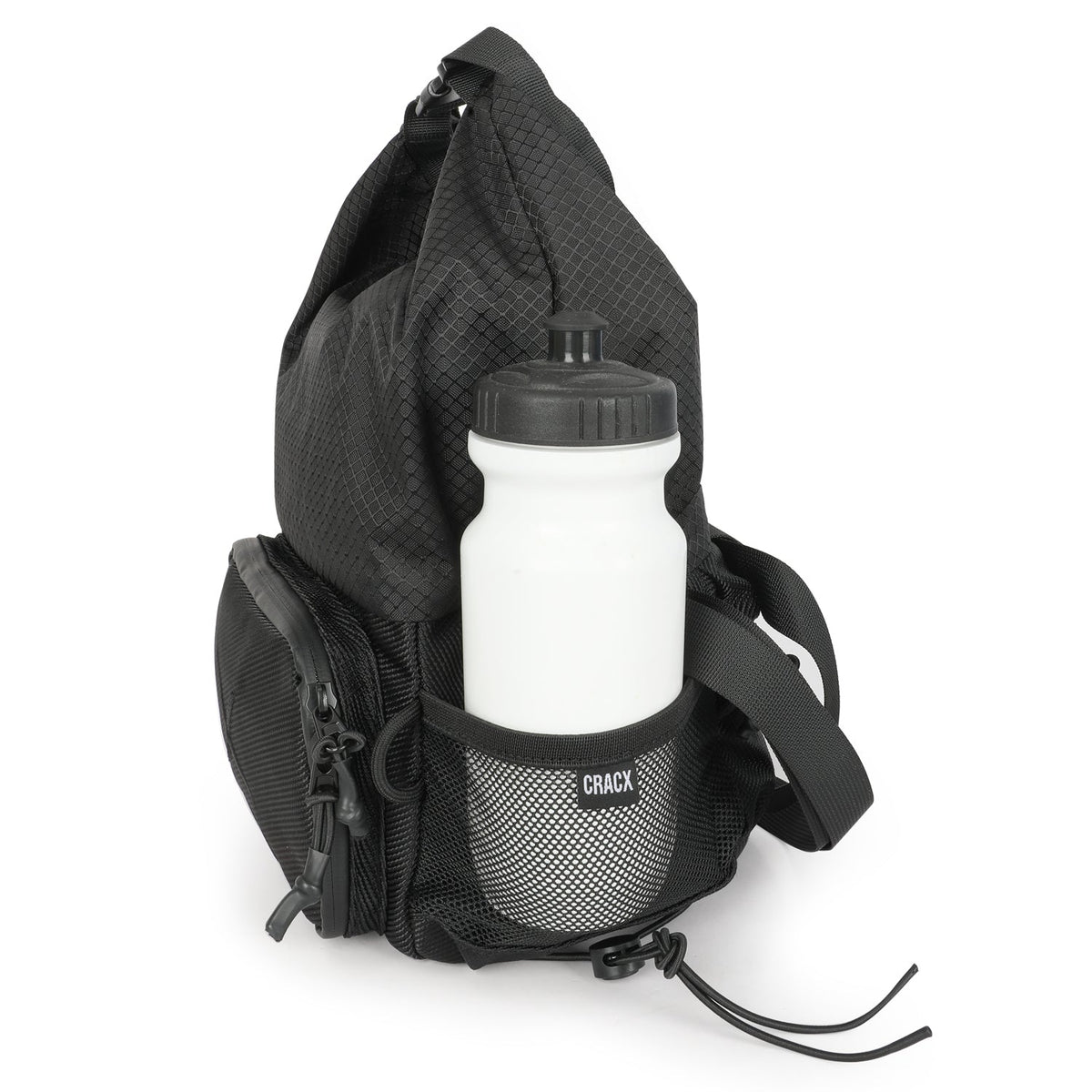 Water bottle held in the stretch mesh side pocket of the CRACX Ascend chalk bucket, CRACX woven label on the mesh