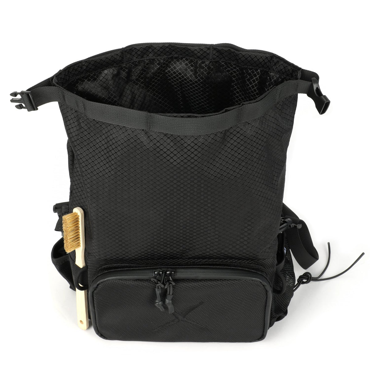 CRACX Ascend chalk bucket with the roll-top unrolled and a bamboo brush stowed in one of the three elastic side loops