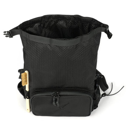 CRACX Ascend chalk bucket with the roll-top unrolled and a bamboo brush stowed in one of the three elastic side loops