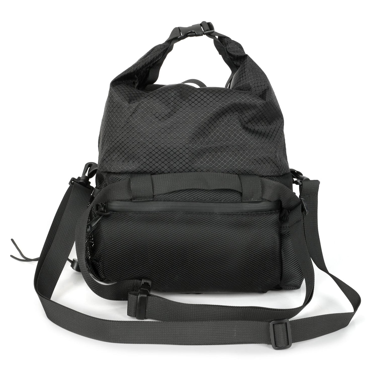 Back of the CRACX Ascend chalk bucket with the adjustable shoulder strap laid out for crossbody carry