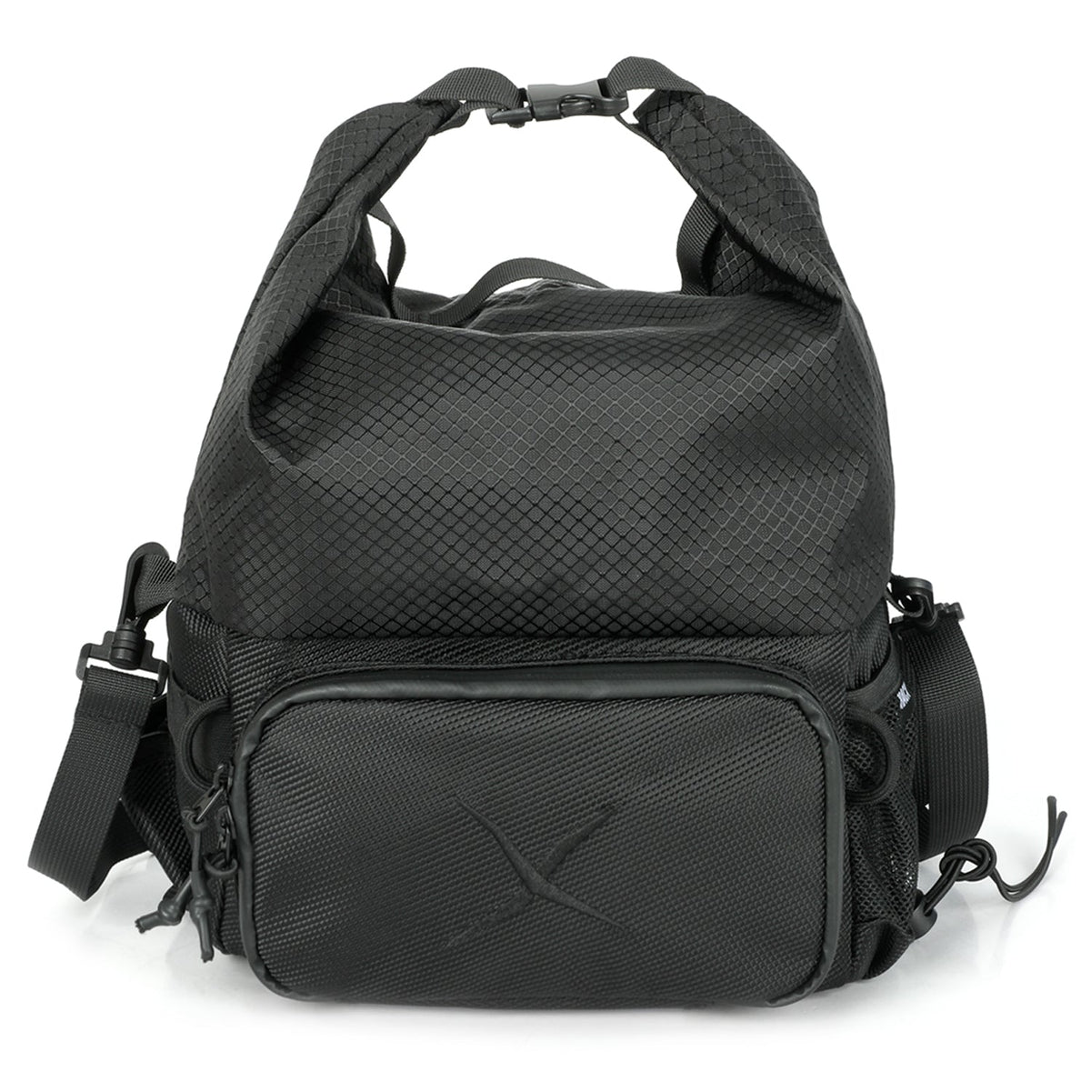 CRACX Ascend bouldering chalk bucket, front view in black nylon with the embroidered X logo on the zip pouch