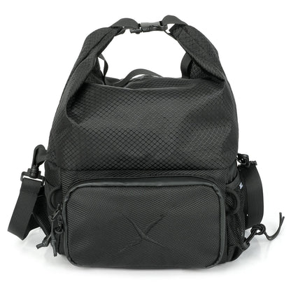 CRACX Ascend bouldering chalk bucket, front view in black nylon with the embroidered X logo on the zip pouch