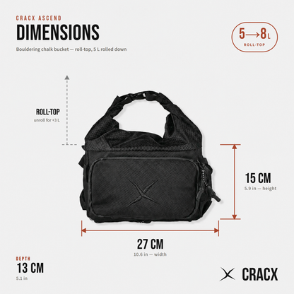 Dimensions of the CRACX Ascend bouldering chalk bucket: 27 cm wide, 15 cm high, 13 cm deep, 5 litres rolled down and 8 litres with the roll-top unrolled