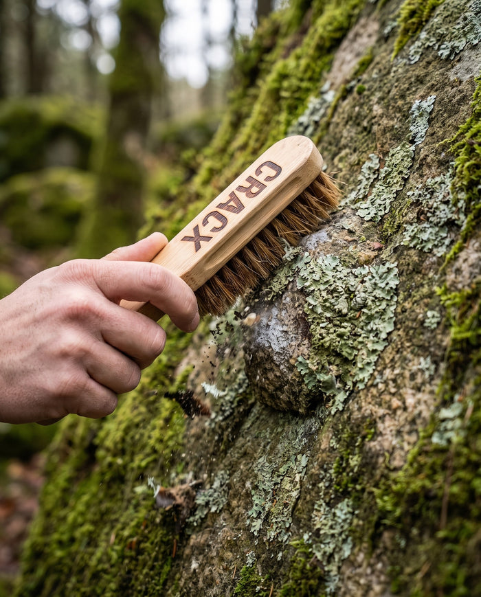 A CRACX bamboo climbing brush scrubbing a lichen-covered hold on a remote boulder