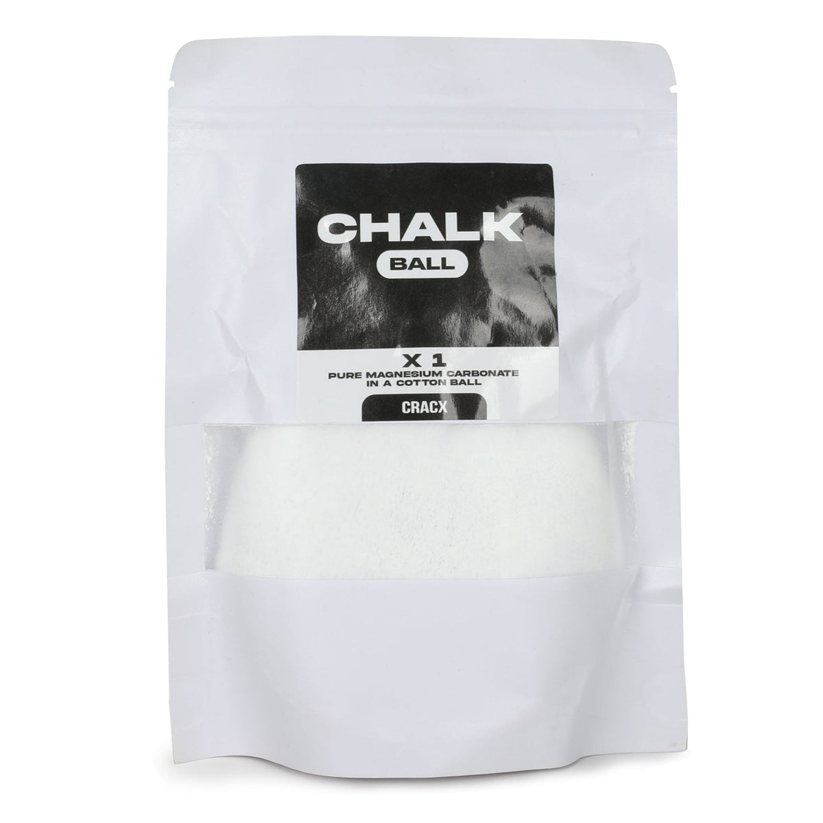 CRACX refillable chalk ball in its packaging, pure magnesium carbonate in a cotton ball