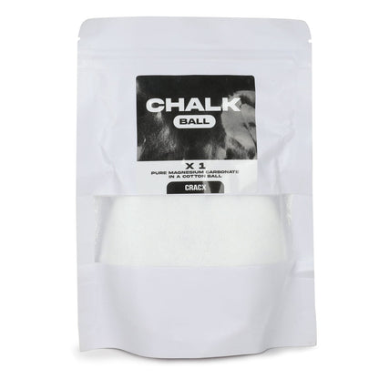 CRACX refillable chalk ball in its packaging, pure magnesium carbonate in a cotton ball