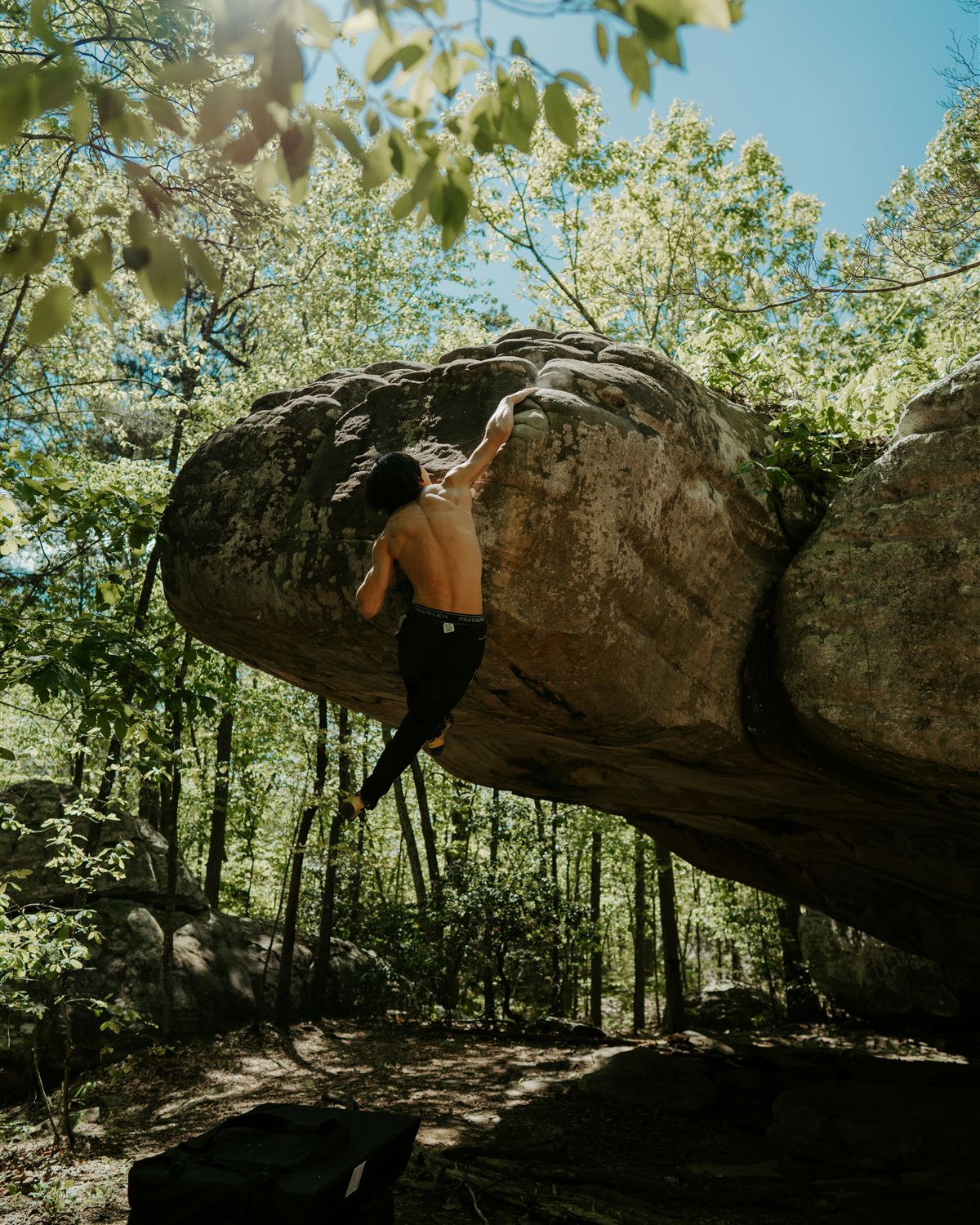 A climber high on a forest boulder surrounded by trees